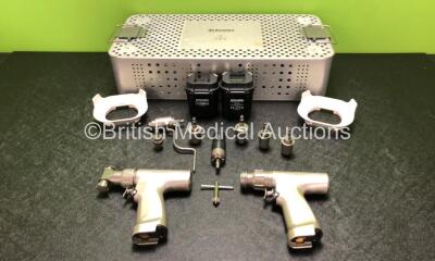 Job Lot Including 1 x deSoutter MBQ-700 Handpiece, 1 x deSoutter DBK-700 Sagittal Saw Handpiece, 2 x deSoutter AH-704 Aseptic Battery Housings, 2 x deSoutter AS-704 Aseptic Battery Shields, 1 x Chuck Key, 1 x deSoutter REF 15490 Attachment, 1 x deSoutter 