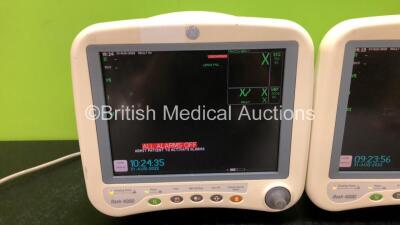 2 x GE Dash 4000 Patient Monitors with CO2, BP1/3, BP2/4, SPO2, Temp/Co, NBP and ECG Options (Both Power Up, 1 x Wear to Dial and Crack in Side Casing - See Photos) - 2