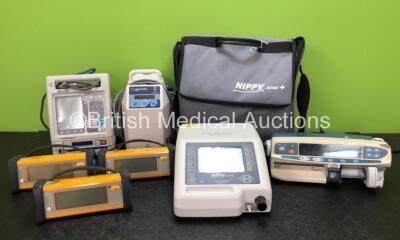 Mixed Lot Including 1 x Cardinal Health Alaris CC Syringe Pump (Powers Up , Requires Service) 1 x B & D Nippy Junior + in Carry Case (Powers Up) 3 x GE Trusat Oximeters with 3 x Power Supplies, 1 x Inditherm Alpha Mattress Pump and 1 x Baxter Colleague Pu