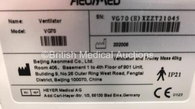 Aeonmed VG70 Ventilator Software Version 2.00, Running Hours 0h 8m with Accessories and 1 x Hose on Stand *Mfd 06-2020* (Powers Up) - 4