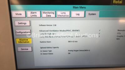 Aeonmed VG70 Ventilator Software Version 2.00, Running Hours 666h 42m with 1 x Hose on Stand *Mfd 05-2020* (Powers Up) - 2