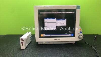 Philips Intellivue MP70 Touch Screen Patient Monitor *Mfd 2010* (Powers Up with Damage-See Photos) with 1 x Philips M3012A Module Including Press and Temp Options *Mfd 2005* (Damaged Casing-See Photo)