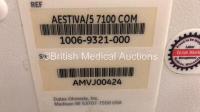 Datex-Ohmeda Aestiva/5 Anaesthesia Machine with Datex-Ohmeda 7100 Ventilator Software Version 1.4 with Bellows, Absorber and Hoses (Powers Up) *S/N AMVJ00424* - 4