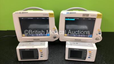 2 x Philips IntelliVue MP30 Patient Monitors Including Printer Options (Both Power Up with Damage to Casing - See Photos) with 2 x Philips IntelliVue X2 Handheld Patient Monitors Including Press, Temp, NBP, SpO2 and ECG/Resp Options Software Revision H.15