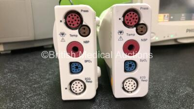 2 x Philips IntelliVue MP30 Patient Monitors (Both Power Up with Slight Damage to Screens and Damage to Casing - See Photos) with 2 x Philips M3001A Modules Including Press, Temp, NBP, SpO2 and ECG/Resp Options - 8