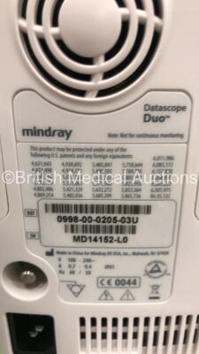 2 x Mindray Datascope Duo Patient Monitors with 2 x NIBP Hoses and 2 x SpO2 Finger Sensors (Both Power) *S* *SN MD09594A9- MD14152LO* - 4