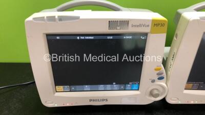 Job Lot Including 1 x Philips IntelliVue MP30 Patient Monitor Including Printer Options (Powers Up with Damage to Casing - See Photos) 1 x Philips IntelliVue Patient Monitor (Powers Up with Damage to Casing and Dial - See Photos) with 2 x Philips M3001A M - 2