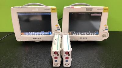 2 x Philips IntelliVue MP30 Patient Monitors Including Printer Options (Both Power Up, 1 x Damage to Casing - See Photos) with 2 x Philips M3001A Modules Including Press, Temp, NBP, SpO2 and ECG/Resp Options (1 x Crack in Casing - See Photos)