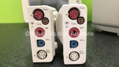 2 x Philips IntelliVue MP30 Patient Monitors Including Printer Options (Both Power Up, 1 x Damage to Casing - See Photos) with 2 x Philips M3001A Modules Including Press, Temp, NBP, SpO2 and ECG/Resp Options (1 x Crack in Casing - See Photos) - 5