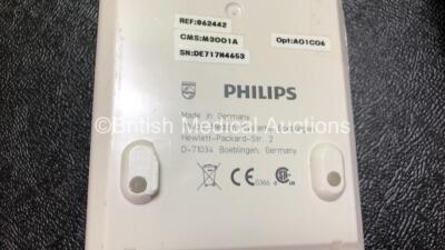 2 x Philips IntelliVue MP30 Patient Monitors Including Printer Options (Both Power Up, 1 x Damage to Casing - See Photos) with 2 x Philips M3001A Modules Including Press, Temp, NBP, SpO2 and ECG/Resp Options (1 x Crack in Casing - See Photos) - 7