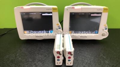 2 x Philips IntelliVue MP30 Patient Monitors Including Printer Options (Both Power Up, 1 x Damage to Casing - See Photos) with 2 x Philips M3001A Modules Including Press, Temp, NBP, SpO2 and ECG/Resp Options (1 x Damaged Casing - See Photos)