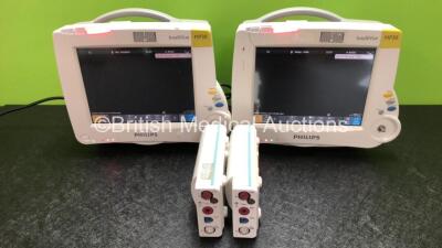 2 x Philips IntelliVue MP30 Patient Monitors (Both Power Up with Damage to Casing - See Photos) with 2 x Philips M3001A Modules Including Press, Temp, NBP, SpO2 and ECG/Resp Options (1 x Crack in Casing - See Photos)