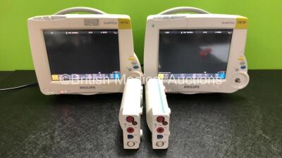 2 x Philips IntelliVue MP30 Patient Monitors (Both Power Up with Damage to Casing, 1 x Missing Dial - See Photos) with 2 x Philips M3001A Modules Including Press, Temp, NBP, SpO2 and ECG/Resp Options (1 x Crack in Casing - See Photos)