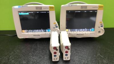 2 x Philips IntelliVue MP30 Patient Monitors (Both Power Up, 1 x Missing Dial, 1 x Crack in Casing and Damaged Power Button - See Photos) with 2 x Philips M3001A Modules Including Press, Temp, NBP, SpO2 and ECG/Resp Options (1 x Crack in Casing, 1 x Damag