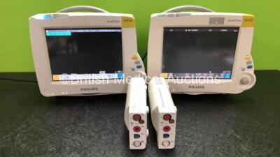 2 x Philips IntelliVue MP30 Patient Monitors (Both Power Up with Damaged Casing - See Photos) with 2 x Philips M3001A Modules Including Press, Temp, NBP, SpO2 and ECG/Resp Options