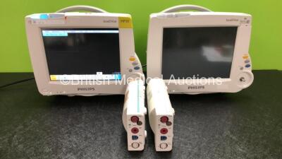 2 x Philips IntelliVue MP30 Patient Monitors (1 x Powers Up with Damaged Casing and Missing Dial and Badge, 1 x Draws Power Does Not Power Up Due to Damage to Power Button and Damage to Casing - See Photos) with 2 x Philips M3001A Modules Including Press,