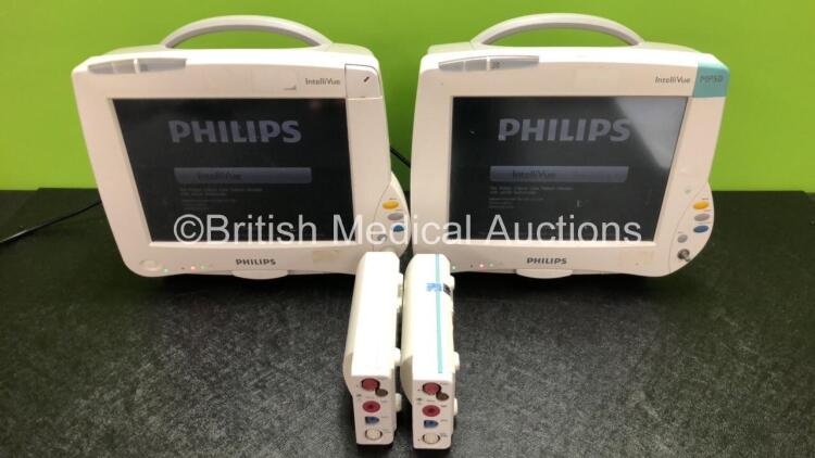 2 x Philips IntelliVue MP50 Patient Monitors (Both Power Up, 1 x Missing Dial and 1 x Missing Badge - See Photos) with 2 x Philips M3001A Modules Including Press, Temp, NBP, SpO2 and ECG/Resp Options