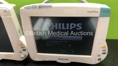 2 x Philips IntelliVue MP50 Patient Monitors (Both Power Up, 1 x Missing Dial and 1 x Missing Badge - See Photos) with 2 x Philips M3001A Modules Including Press, Temp, NBP, SpO2 and ECG/Resp Options - 4