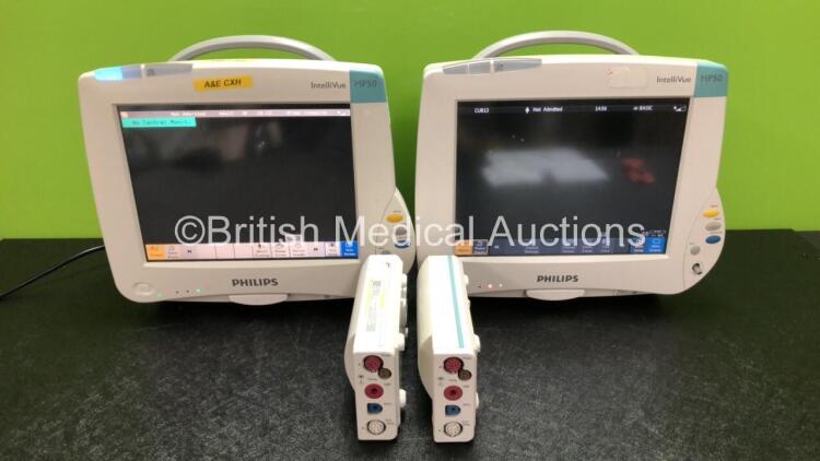 2 x Philips IntelliVue MP50 Patient Monitors (Both Power Up, 1 x Missing Dial and 1 x Damage to Casing and Damaged / Missing Dial - See Photos) with 2 x Philips M3001A Modules Including Press, Temp, NBP, SpO2 and ECG/Resp Options