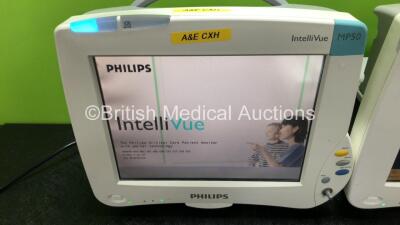 2 x Philips IntelliVue MP50 Patient Monitors (Both Power Up, 1 x Missing Dial and 1 x Damage to Casing and Damaged / Missing Dial - See Photos) with 2 x Philips M3001A Modules Including Press, Temp, NBP, SpO2 and ECG/Resp Options - 2