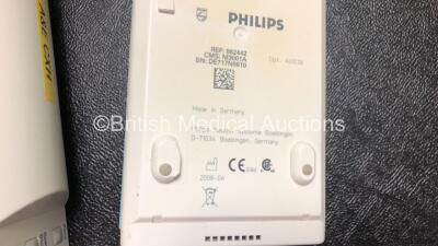 2 x Philips IntelliVue MP50 Patient Monitors (Both Power Up, 1 x Missing Dial and 1 x Damage to Casing and Damaged / Missing Dial - See Photos) with 2 x Philips M3001A Modules Including Press, Temp, NBP, SpO2 and ECG/Resp Options - 8