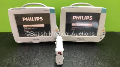 2 x Philips IntelliVue MP50 Patient Monitors (Both Power Up, 1 x Missing Dial and Damage to Casing / Module Clip - See Photos) with 1 x Philips M3015A Module Including Press, Temp and CO2 Microstream Options (Damaged Connection - See Photos)