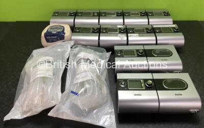 Job Lot Including 11 x ResMed S9 CPAP Units with 10 x Power Supplies (All Power Up, 1 x Crack in Casing - See Photos) 2 x ResMed H5i Humidifier Units, 1 x ResMed S8 Autoset Spirit II CPAP (Damaged Casing - See Photos) and 2 x WILAmed Breathing Tubes