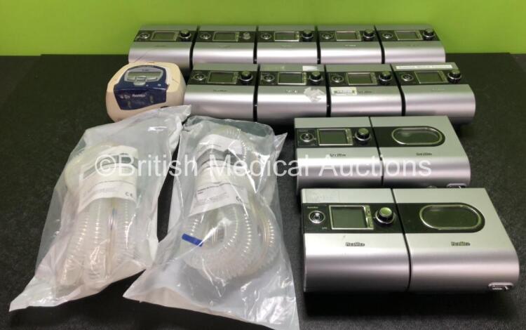 Job Lot Including 11 x ResMed S9 CPAP Units with 10 x Power Supplies (All Power Up, 1 x Crack in Casing - See Photos) 2 x ResMed H5i Humidifier Units, 1 x ResMed S8 Autoset Spirit II CPAP (Damaged Casing - See Photos) and 2 x WILAmed Breathing Tubes