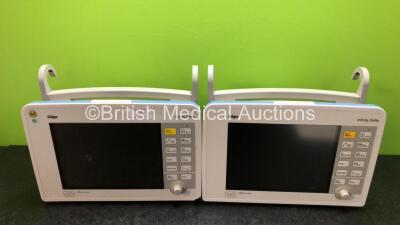 2 x Drager Infinity Delta Patient Monitors with HemoMed 1, Aux/HemoMed 2, Aux/HemoMed 3, MultiMed, NBP and SpO2 Options (Both Power Up with Stock Power Supply, Power Supply Not Included, 1 x Powers Up with Blank Screen and Damage to Casing - See Photos)