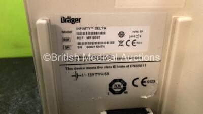 2 x Drager Infinity Delta Patient Monitors with HemoMed 1, Aux/HemoMed 2, Aux/HemoMed 3, MultiMed, NBP and SpO2 Options (Both Power Up with Stock Power Supply, Power Supply Not Included, 1 x Powers Up with Blank Screen and Damage to Casing - See Photos) - 8