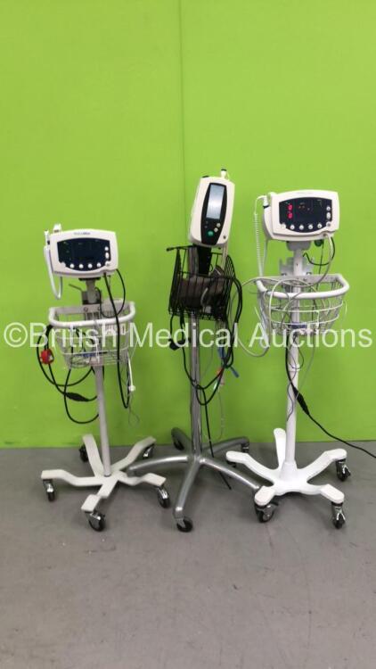 2 x Welch Allyn 53NT0 Vital Signs Monitors on Stands and 1 x Welch Allyn 420 Series Vital Signs Monitor on Stand - Damaged Mounting Point (All Power Up) *S/N JA098533 / JA553734 / 20026169*