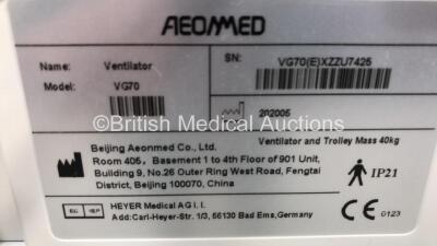 Aeonmed VG70 Ventilator Software Version 2.00, Running Hours 940 h 4 min with Hose on Stand *Mfd 06-2020* (Powers Up) - 5