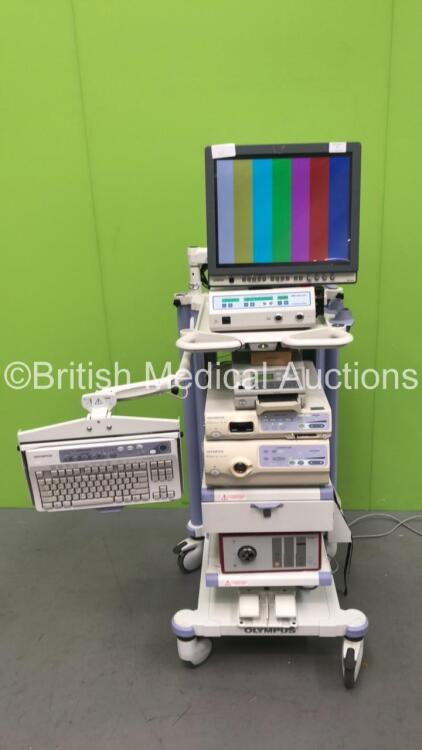 Olympus Stack Trolley with Olympus OEV191H Monitor, Medicon Servotronic EC100 Unit, Sony UP-21MD Color Video Printer, Olympus Evis Exera II CV-180 Camera Control Unit, Olympus Evis Exera II CLV-180 Light Source and Richard Wolf 5131 AUto LP Light Source (