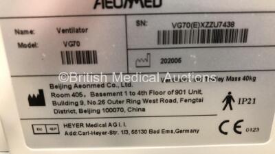 Aeonmed VG70 Ventilator Software Version 2.00, Running Hours 0 h 15 m with 1 x Hose on Stand and Accessories *Mfd 05-2020* (Powers Up) - 5