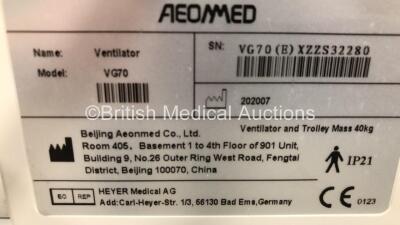 Aeonmed VG70 Ventilator Software Version 2.00, Running Hours 881 h 40 m with 1 x Hose on Stand and Accessories *Mfd 07-2020* (Powers Up) - 5