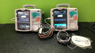 2 x Philips MRx Defibrillators Including Pacer, ECG and Printer Options with , 1 x SpO2 Finger Sensor, 1 x 3 Lead ECG Lead, 2 x Paddle Leads, 1 x Covidien Electrode Pads 2 x Philips M3538A Batteries and 2 x Philips M3539A Batteries (Both Power Up)