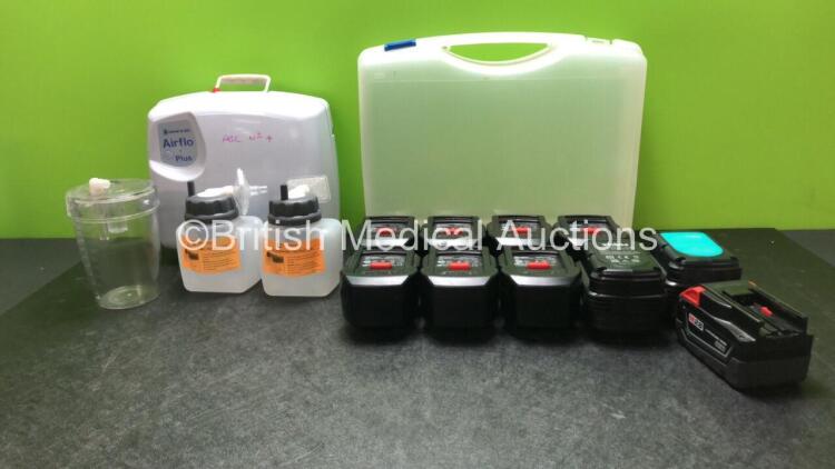 Mixed Lot Including 7 x Stryker REF 6500-101-010 Battery Packs *Untested* 2 x DW0240 Batteries *Untested* 1 x M28 Battery *Untested* 3 x Cups 1 x Mangar Airflo Plus Compressor and 1 x Carry Case