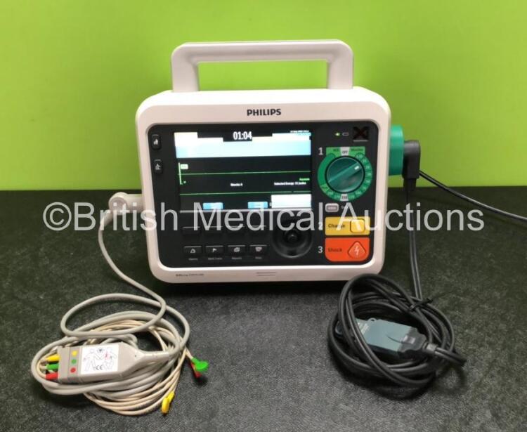 Philips Efficia DFM100 Defibrillator *Mfd - 2019* with Pacer, ECG and Printer Options Including 1 x 3 Lead ECG Lead, 1 x Paddle Lead and 1 x Philips Rechargeable Li-ion Battery Pack (Powers Up)