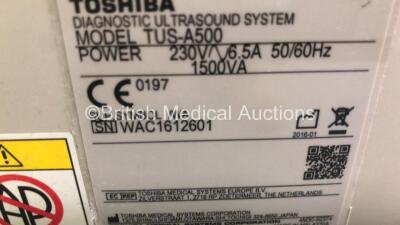 Toshiba Aplio 500 TUS-A500 Flat Screen Ultrasound Scanner **Mfd 01-2016** Software Version AB-V6.00*R004 with 2 x Transducers / Probes 1 x PVT-375BT Convex Array Transducer *Mfd 10-2012* 1 x PVT-6VT Endocavitary Transducer *Mfd 10-2012* and 1 x Sony UP-D8 - 12