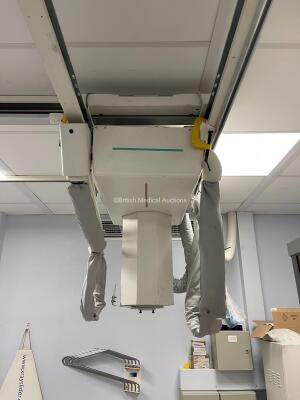 GE Proteus X-Ray Bucky Suite (2021 Tube) Including Elevating Table, Overhead Bucky OTS Assembly, X-ray Wall Stand, System Cabinet, Ceiling Rails and Operator Console. System has been Professionally Removed; System Sold as Non-Working Due to Tube Pivot Fau - 2