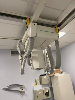 GE Proteus X-Ray Bucky Suite (2021 Tube) Including Elevating Table, Overhead Bucky OTS Assembly, X-ray Wall Stand, System Cabinet, Ceiling Rails and Operator Console. System has been Professionally Removed; System Sold as Non-Working Due to Tube Pivot Fau - 12