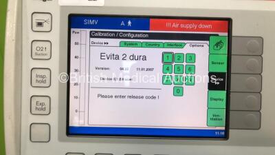 Drager Evita 2 Dura Ventilator on Stand Software Version 04.22 - Running Hours 20250 with Hose (Powers Up) *S/N ARTC-0236* **Mfd 2003** - 3