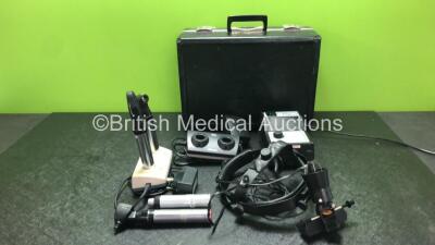 Job Lot Including 1 x Keeler Dualite Indirect Ophthalmoscope with Power Supply in Case (Powers Up with Good Bulb, Missing Bulb Cover) and 4 x Ophthalmoscope / Otoscope Handles with 3 x Heads and 2 x Docking Stations