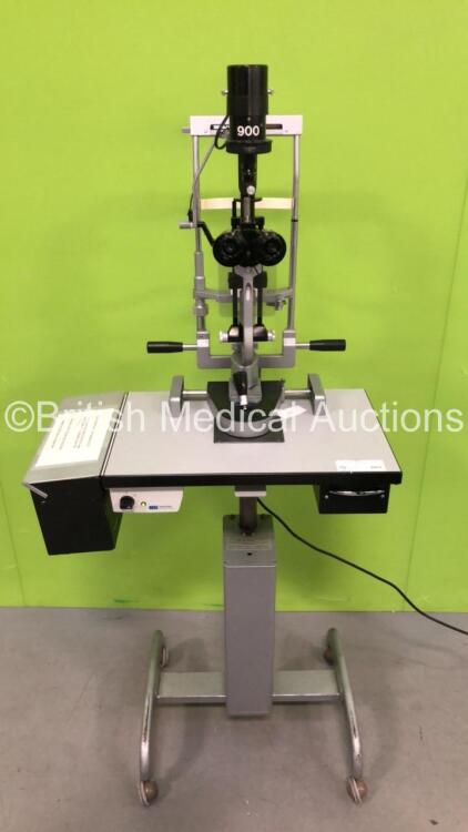 Haag-Streit B 900 Slit Lamp with 2 x x16 Eyepieces and 2 x x10 Eyepieces on Hydraulic Table (Powers Up with Missing Table Rollers-See Photo)