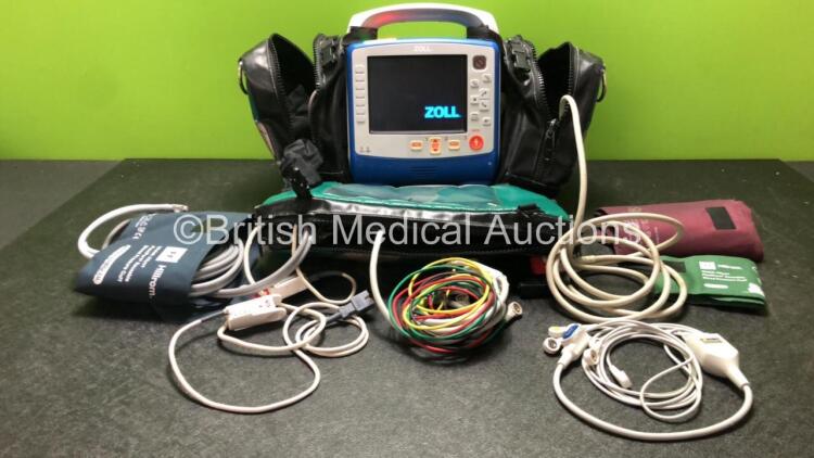 Zoll X Series Monitor/Defibrillator Including ECG, SPO2, NIBP, CO2 and Printer Options with 1 x Sure Power II Battery, 1 x NIBP Cuff and Hose, 1 x 4 Lead ECG Lead, 1 x 6 Lead ECG Lead, 1 x Paddle Lead and 1 x SPO2 Finger Sensor in Carry Bag (Powers Up and