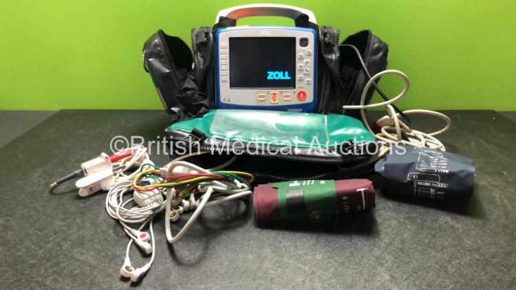 Zoll X Series Monitor/Defibrillator Including ECG, SPO2, NIBP, CO2 and Printer Options with 1 x Sure Power II Battery, 1 x NIBP Cuff and Hose, 1 x 4 Lead ECG Lead, 1 x 6 Lead ECG Lead, 1 x Paddle Lead and 1 x SPO2 Finger Sensor in Carry Bag (Powers Up and