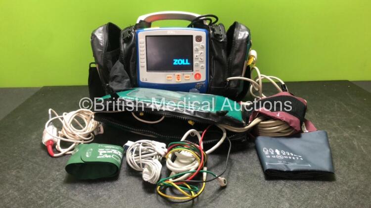 Zoll X Series Monitor/Defibrillator Including ECG, SPO2, NIBP, CO2 and Printer Options with 1 x Sure Power II Battery, 1 x NIBP Cuff and Hose, 1 x 4 Lead ECG Lead, 1 x 6 Lead ECG Lead, 1 x Paddle Lead and 1 x SPO2 Finger Sensor in Carry Bag (Powers Up and