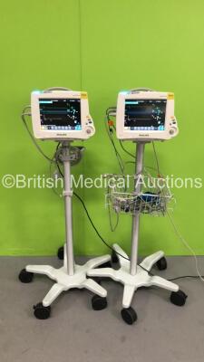 2 x Philips IntelliVue MP30 Patient Monitors on Stands with Philips Multiparameter Modules with Press, Temp, NBP, SPo2 and ECG/Resp Options (Both Power Up) *S/N 0063004237 / 0063004238*