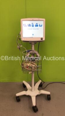 GE Carescape B650 Monitor on Stand with GE Patient Data Module Ref 2016793-002 with ECG, Temp/CO, P1/3, P2/4, SPO2, NIBP and Defib/Sync Options, GE E-PP Module with P5 and P6 Options, E-miniC Gas Module with D-Fend Water Trap and Selection of Cables (Powe