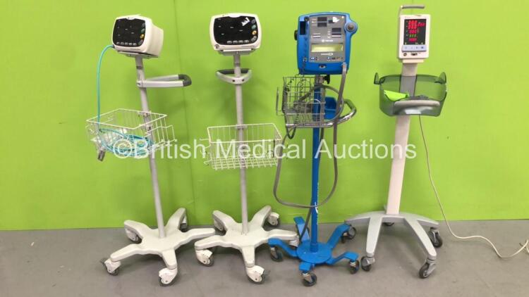 2 x Huntleigh SmartSigns Lite Plus Vital Signs Monitors on Stands, 1 x Datascope Duo Patient Monitor on Stand and 1 x GE Dinamap Pro 400 Vital Signs Monitor on Stand (All Power Up)